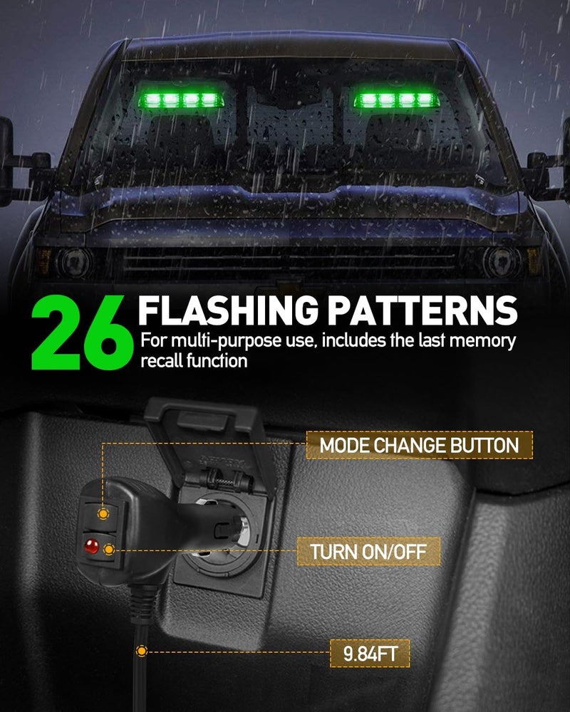 HLauto 2002L Emergency Dash Strobe Lights: Green Safety Lights, Flashing Warning Hazard Windshield Visor Traffic Light Bars for Trucks, Construction Vehicles (2x8.5 inch, 48LED) - Image 4